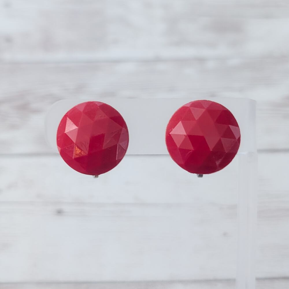 Vintage Screw On Earrings Faceted Red Domed Circle
